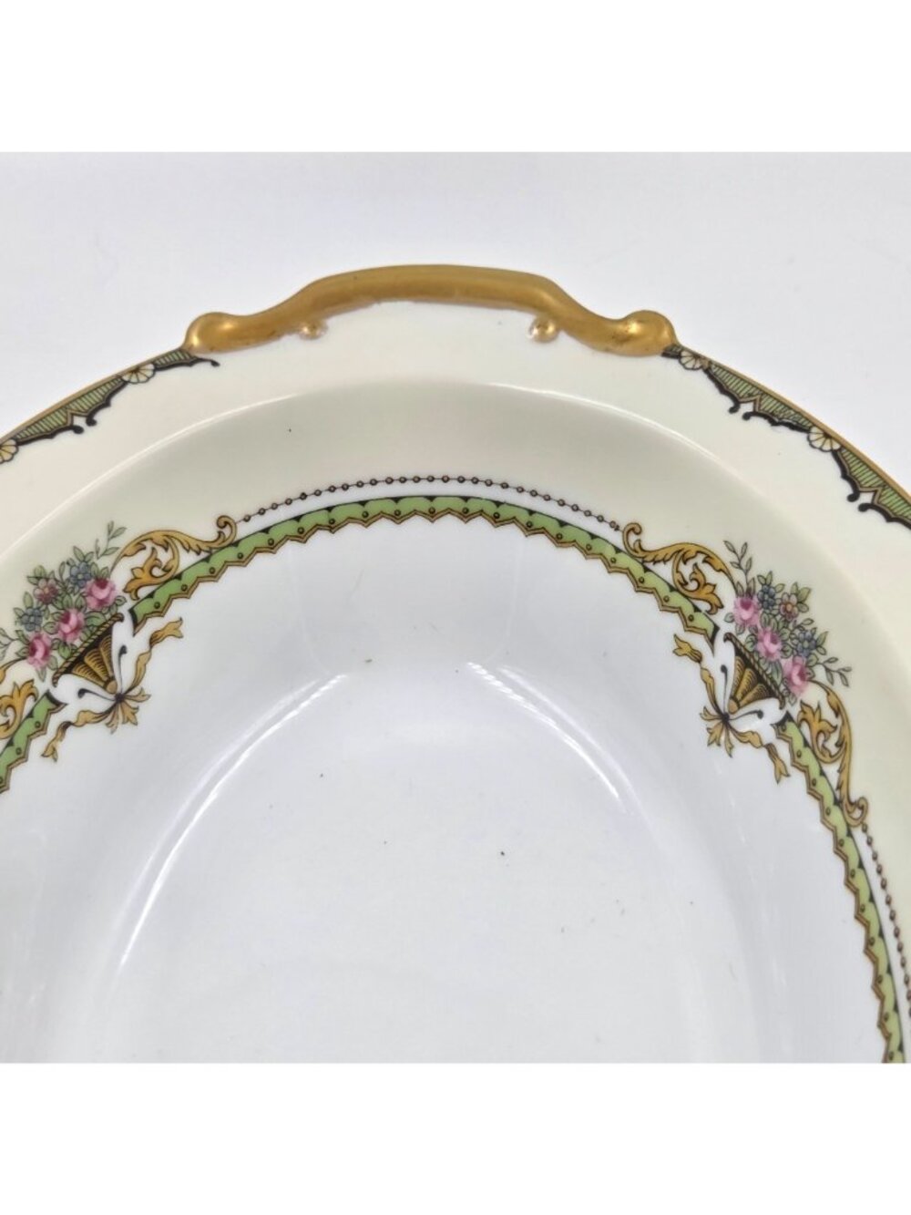 Noritake Penelope Oval Vegetable Bowl Green Border Pink Roses Urn Gold Trim - Picture 3 of 6